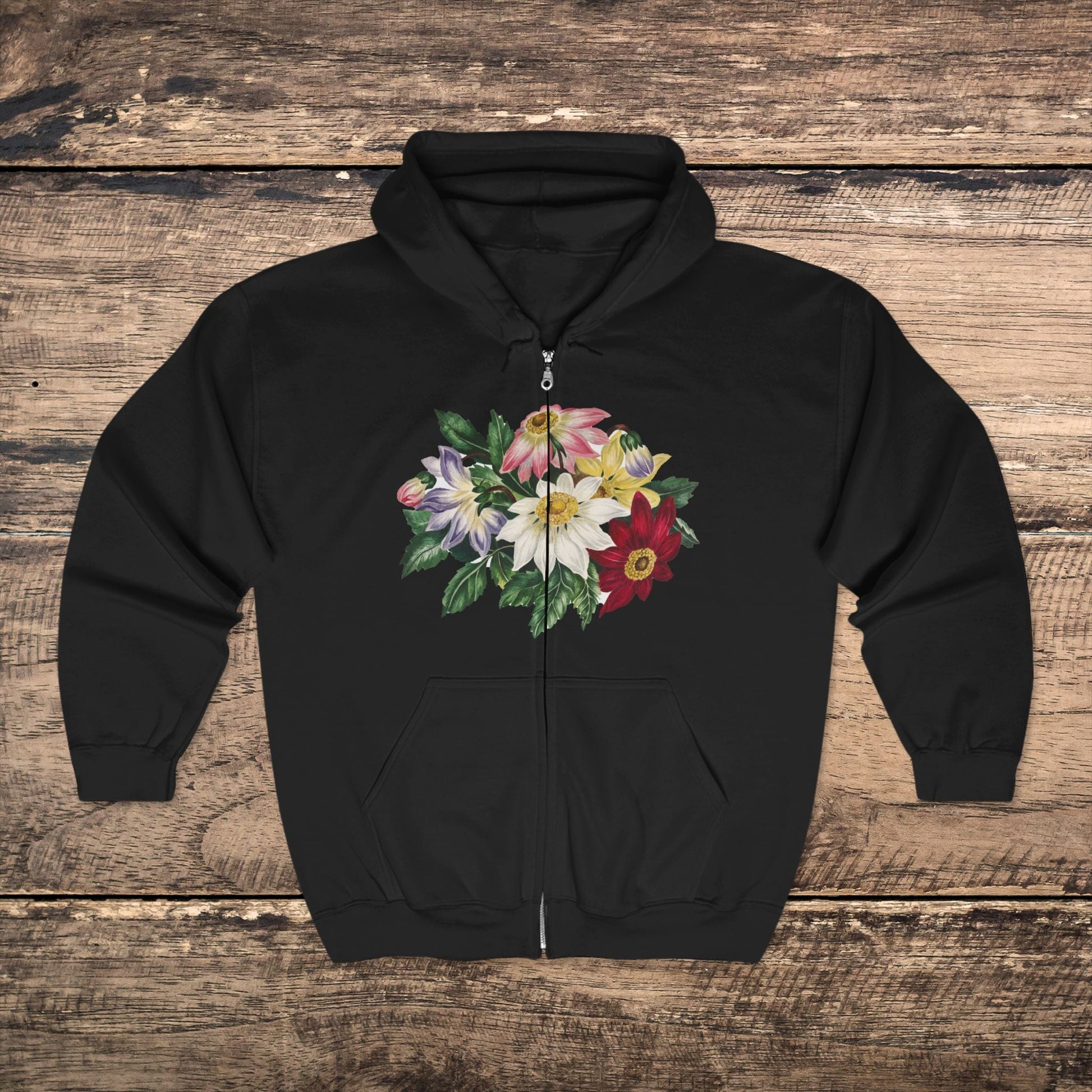Floral Flowers Full Zip Hoodie - Sweatshirt Colorful Flower Art, Cozy for Art Lovers and Gardeners - FlooredByArt