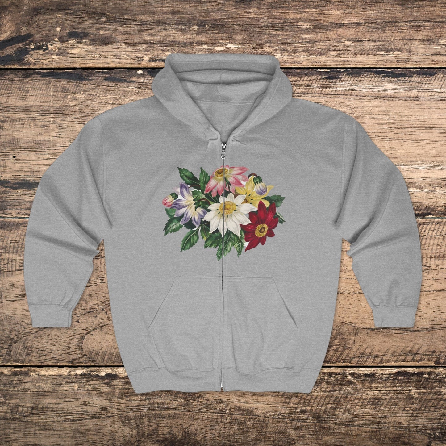 Floral Flowers Full Zip Hoodie - Sweatshirt Colorful Flower Art, Cozy for Art Lovers and Gardeners - FlooredByArt