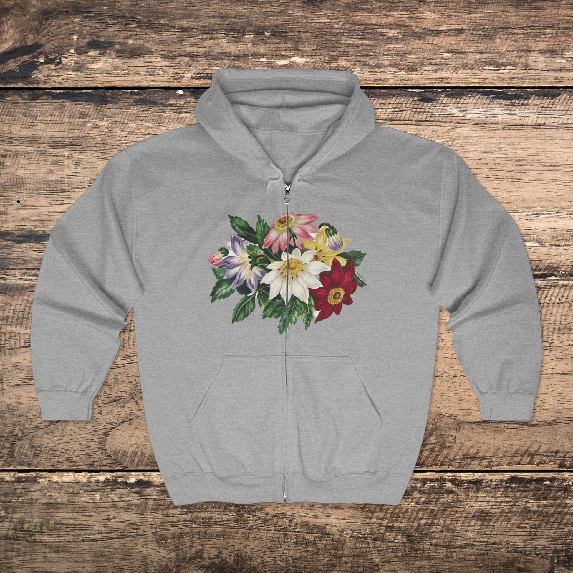 Floral Flowers Full Zip Hoodie - Sweatshirt Colorful Flower Art, Cozy for Art Lovers and Gardeners - FlooredByArt