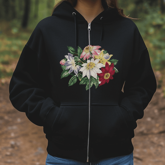 Floral Flowers Full Zip Hoodie - Sweatshirt Colorful Flower Art, Cozy Shirt - FlooredByArt