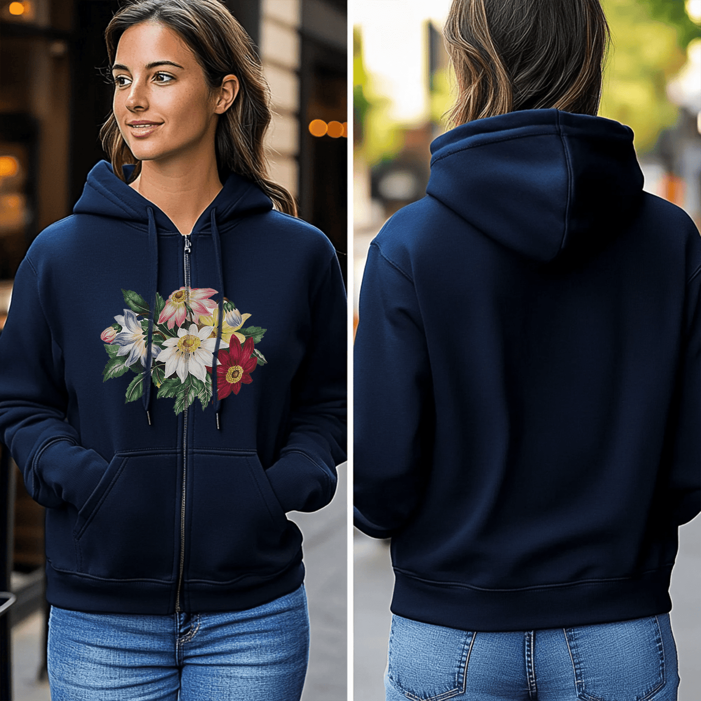 Floral Flowers Full Zip Hoodie - Sweatshirt Colorful Flower Art, Cozy Shirt - FlooredByArt
