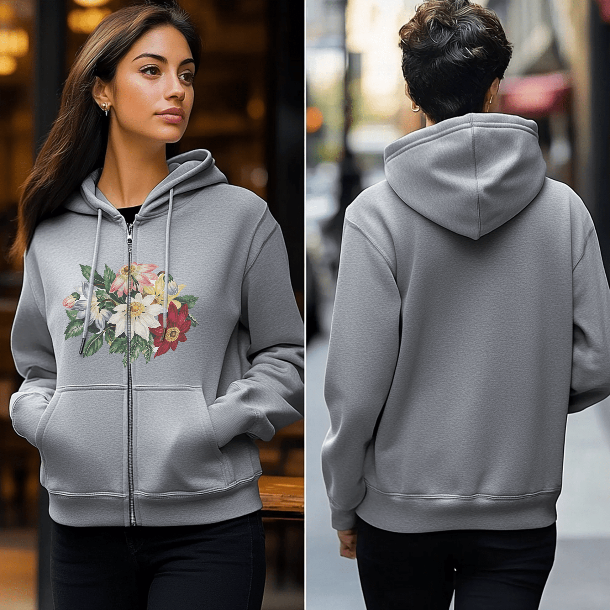 Floral Flowers Full Zip Hoodie - Sweatshirt Colorful Flower Art, Cozy Shirt - FlooredByArt