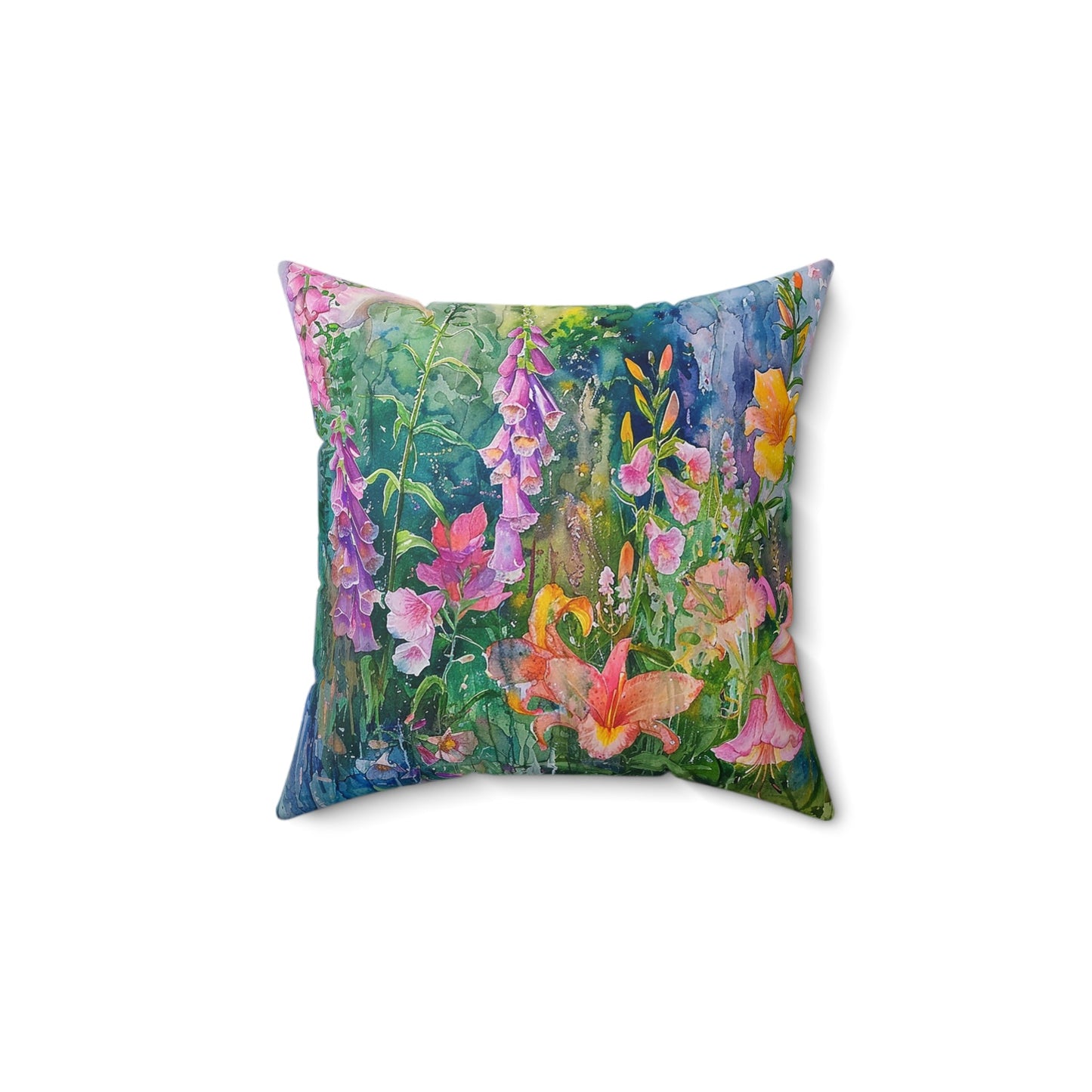 Floral Garden Throw Pillow, Bright Boho Garden Decor Cushion, Summer Garden - FlooredByArt