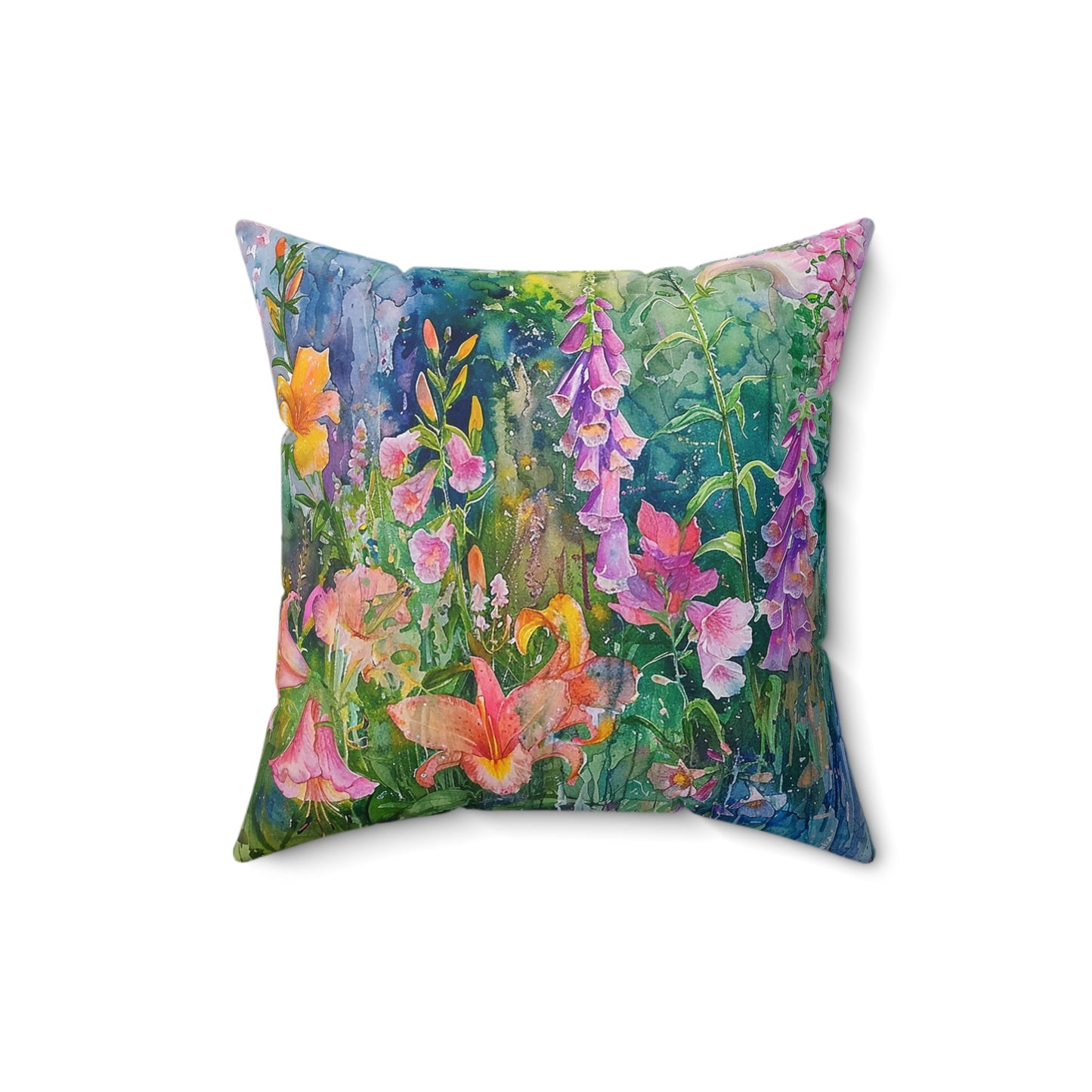 Floral Garden Throw Pillow, Bright Boho Garden Decor Cushion, Summer Garden - FlooredByArt