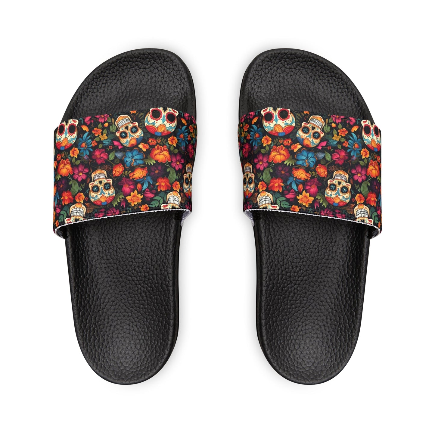 Floral Sugar Skull Art Slide Sandals for Women and Girls Slip-on Goth Sandals - FlooredByArt