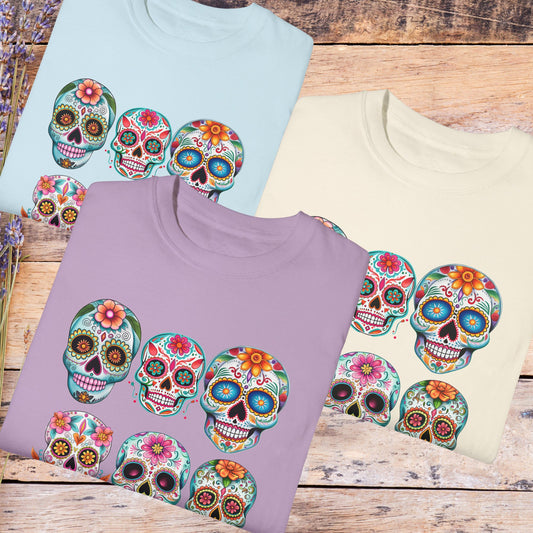 Floral Sugar Skull T-shirt, Boho Comfort Color Tee, Day of the Dead Shirt - FlooredByArt