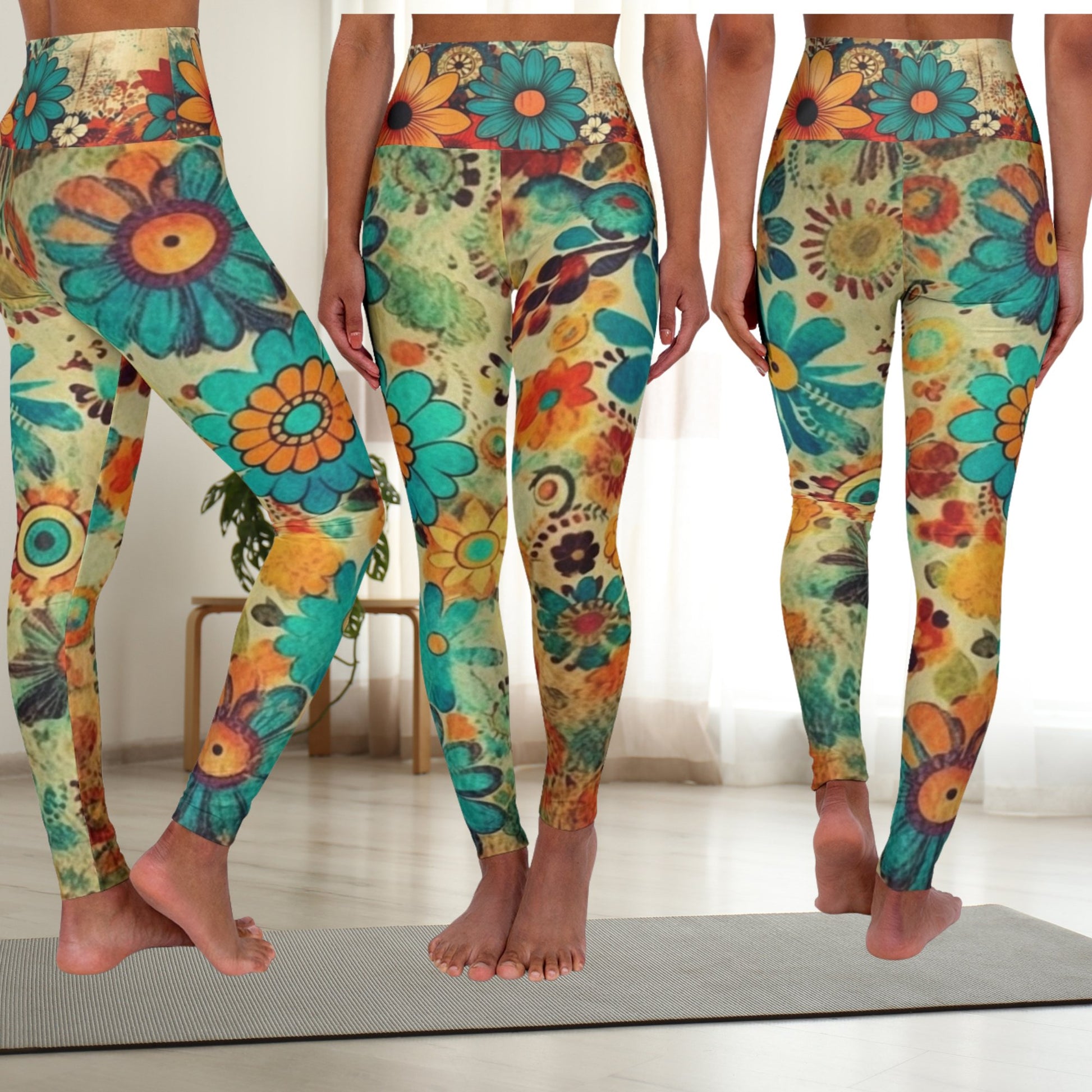 Flower Power Retro Art Leggings Big Hippie, Boho Flowers in Blue, High Waisted - FlooredByArt