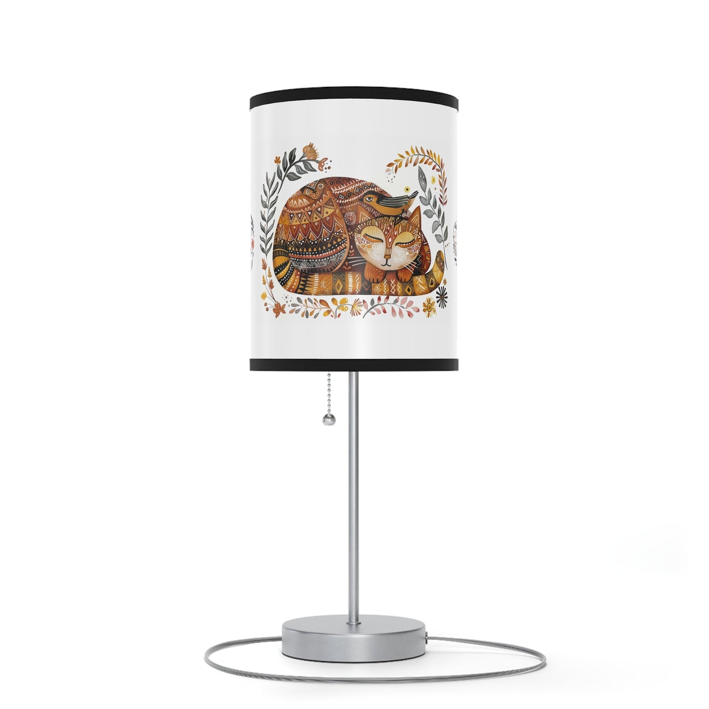 Folk Art Cat Bird Lamp, Scandinavian Style Cat Accent Lamp, Perfect Boho Decor - FlooredByArt