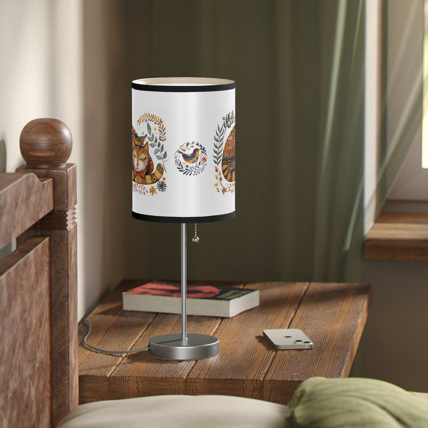 Folk Art Cat Bird Lamp, Scandinavian Style Cat Accent Lamp, Perfect Boho Decor - FlooredByArt