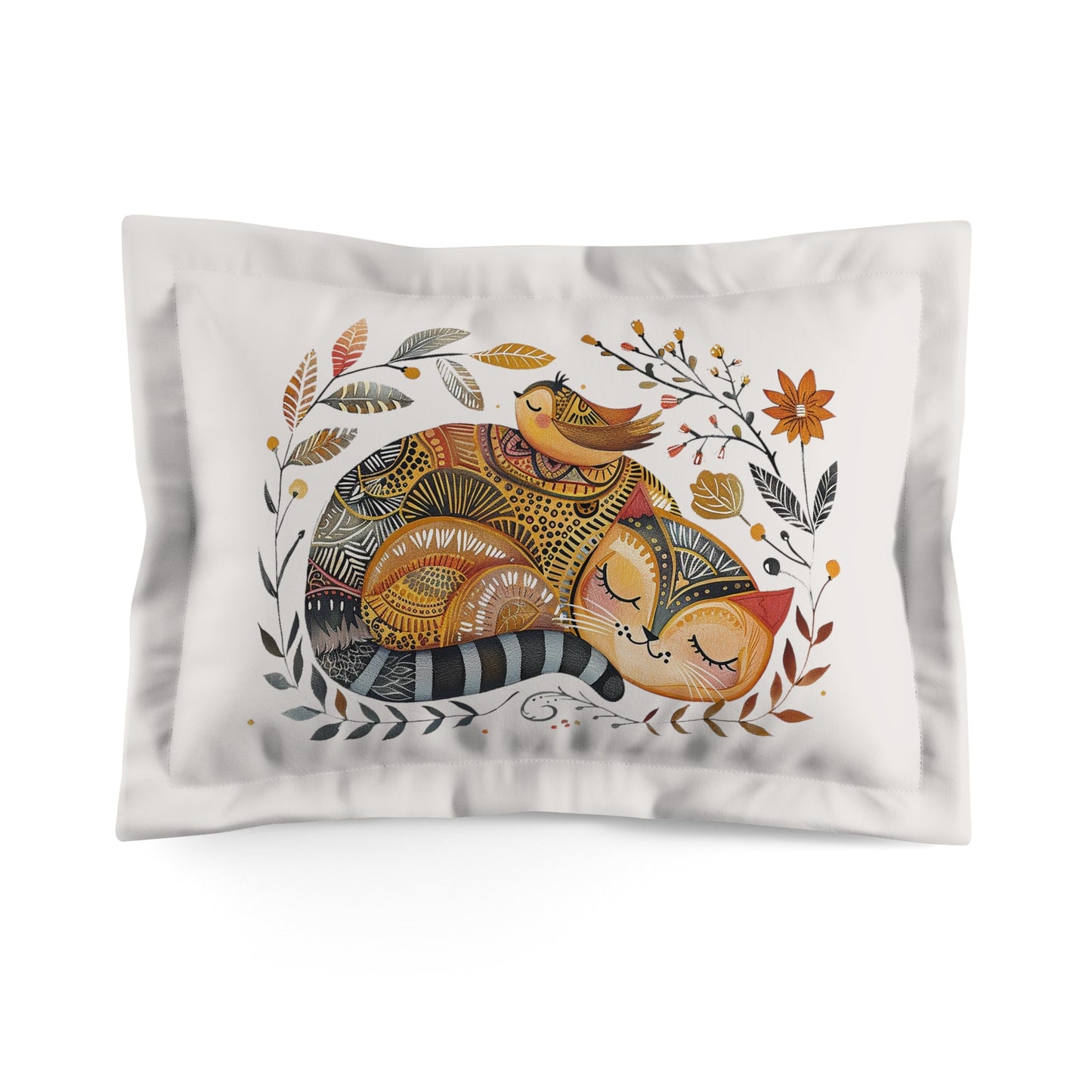 Folk Art Cat Pillow Sham Style #2, Whimsical Scandinavian Style Pillow Sham - FlooredByArt