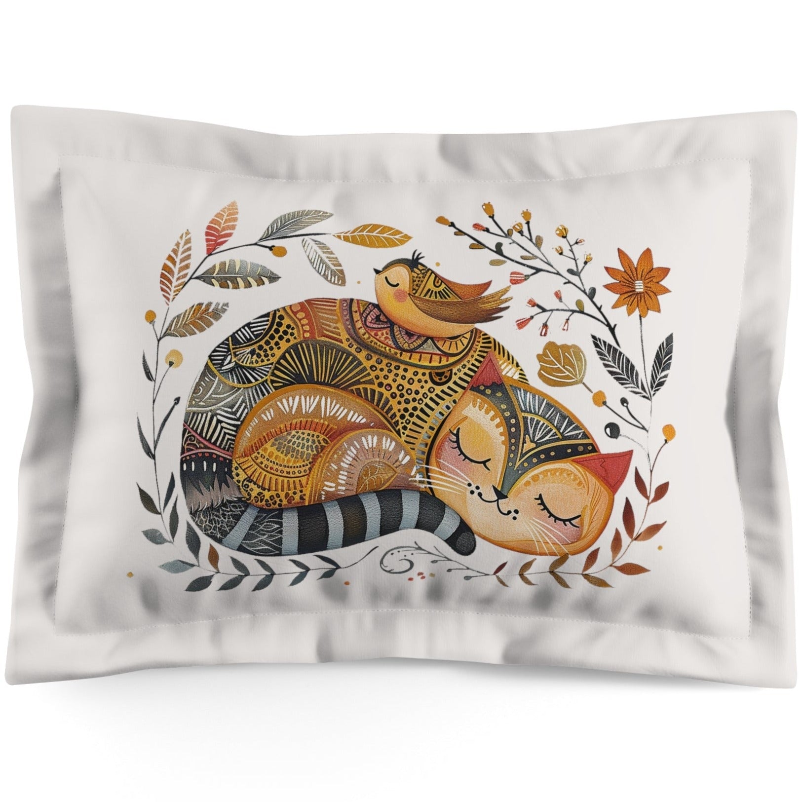 Folk Art Cat Pillow Sham Style #2, Whimsical Scandinavian Style Pillow Sham, Cat & Bird in Garden Colorful Accent Boho Decor, Color Matching - FlooredByArt
