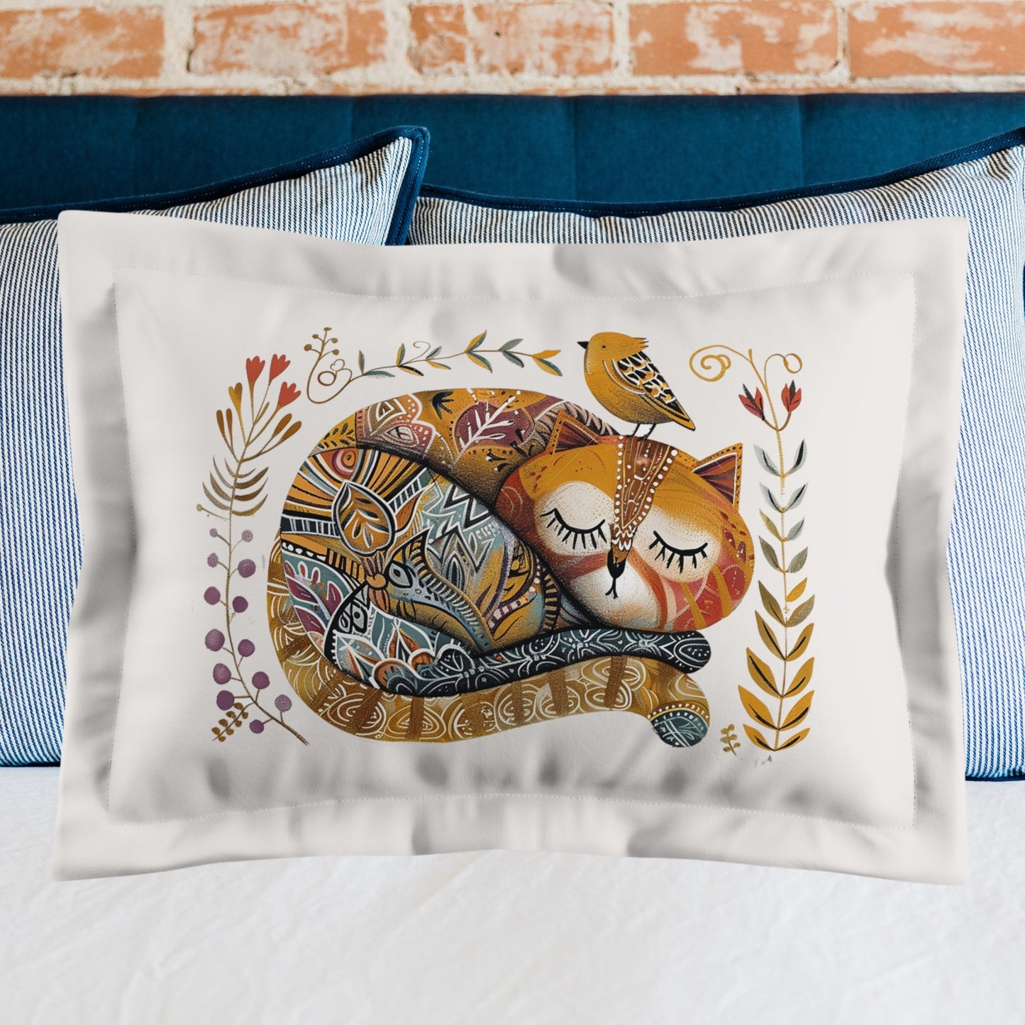 Folk Art Cat Pillow Sham, Whimsical Scandinavian Style Pillow Sham, Cat & Bird in Garden - FlooredByArt