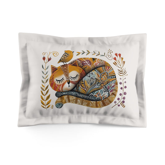 Folk Art Cat Pillow Sham, Whimsical Scandinavian Style Pillow Sham, Cat & Bird in Garden - FlooredByArt