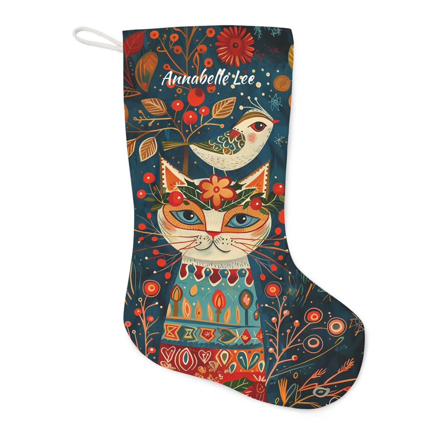 Folk Art Christmas Cat Stocking - A Cat with Bird, Rustic Holiday Decor - FlooredByArt