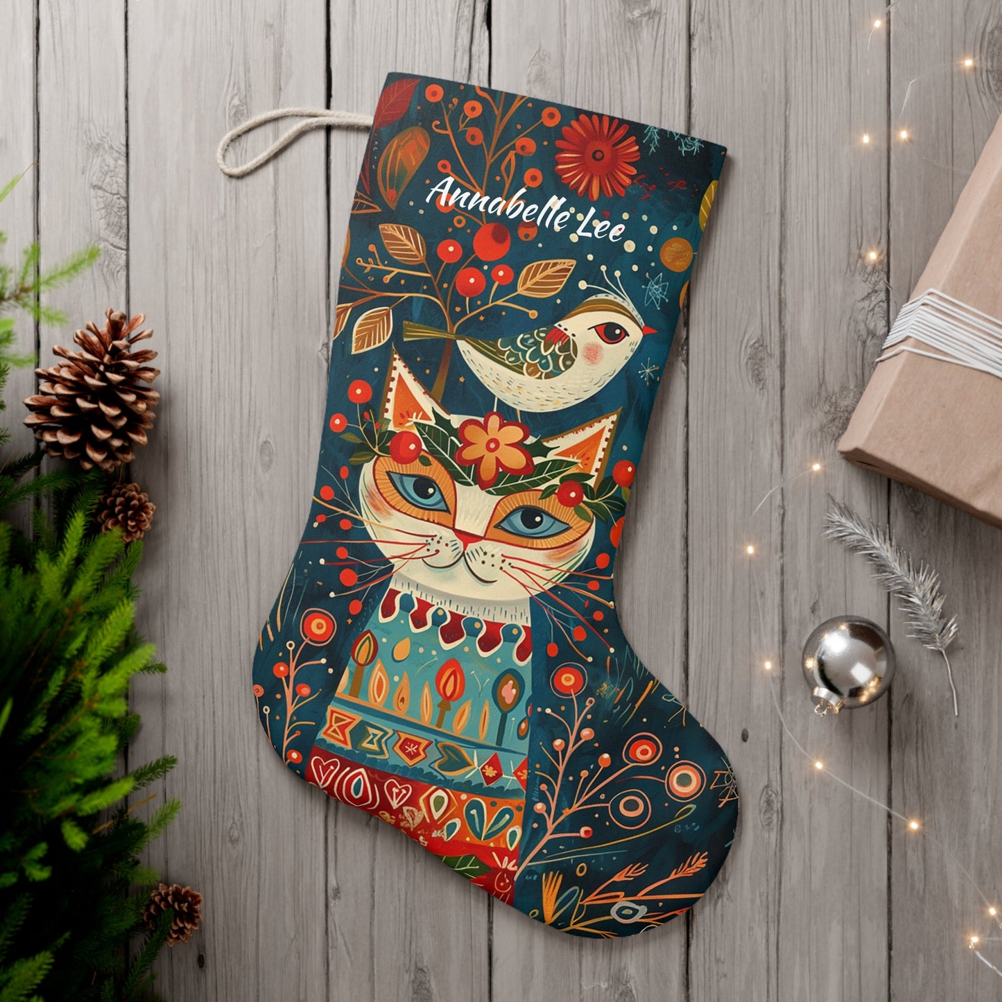 Folk Art Christmas Cat Stocking - A Cat with Bird, Rustic Holiday Decor - FlooredByArt