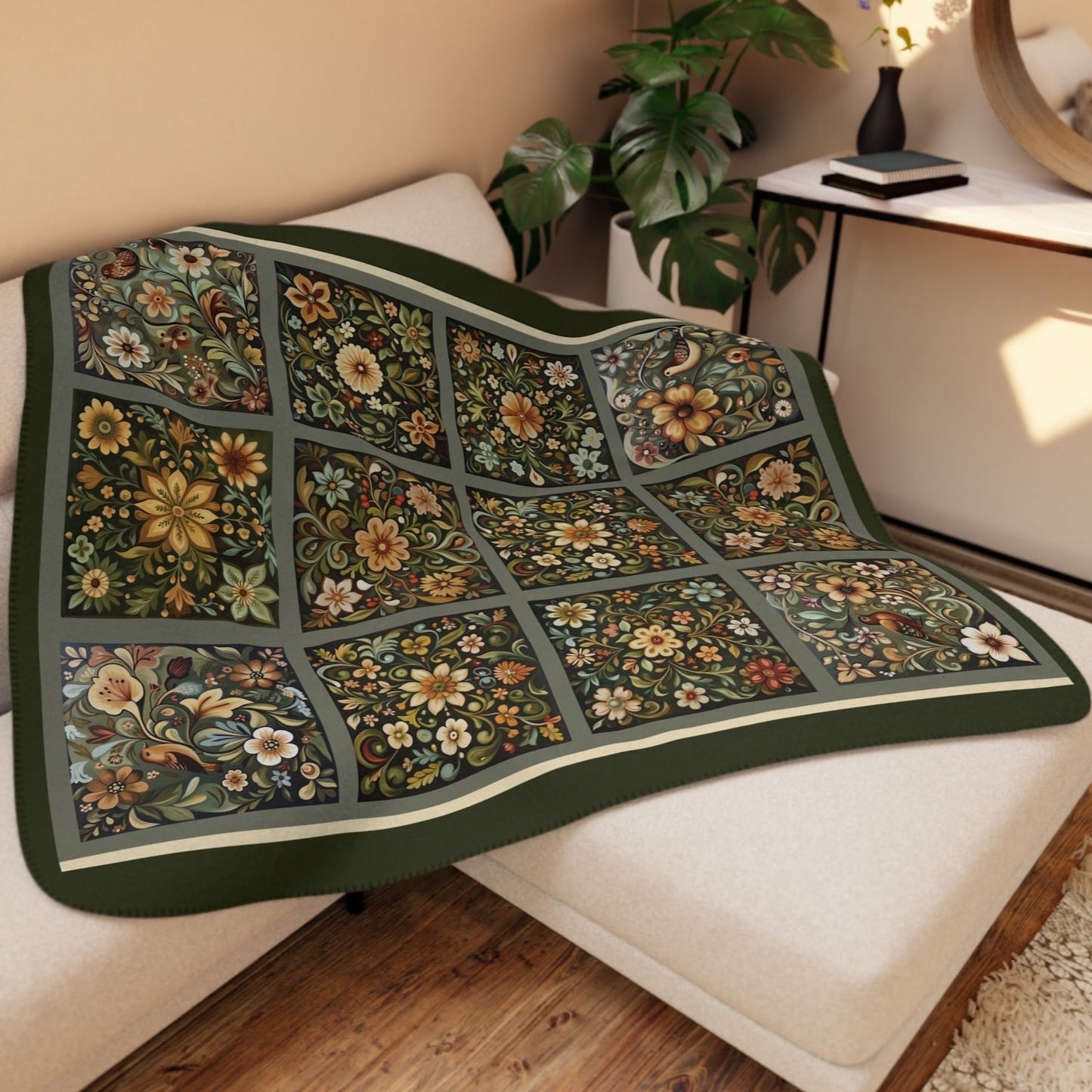 Forest Green Blanket, Earth Tone Scandi Folk Art Throw, Scandinavian Rosemaling Style - FlooredByArt