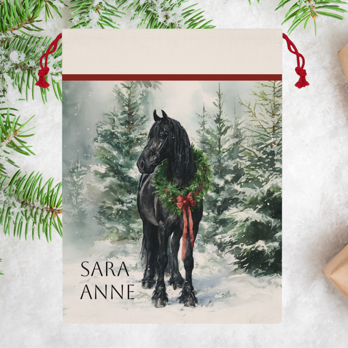 Friesian in Snow Holiday Horse Christmas Gift Bag – Large Holiday Santa Sack