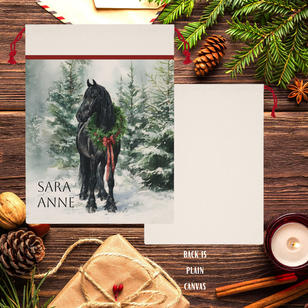 Friesian in Snow Holiday Horse Christmas Gift Bag – Large Holiday Santa Sack