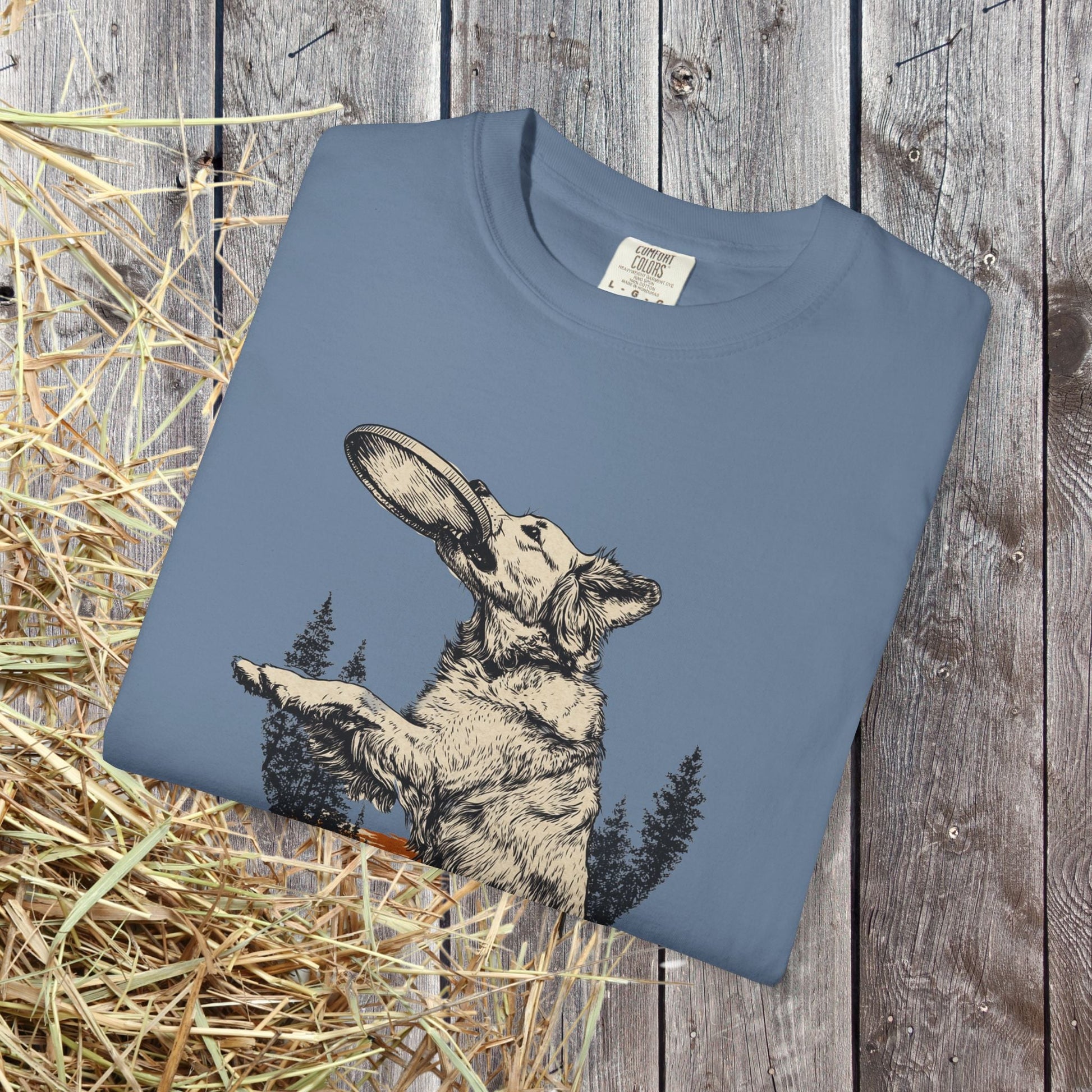 Frisbee Dog Comfort Colors Tee - Jumping Dog Frisbee Sport Graphic Shirt, Gift for Dog Dads - FlooredByArt