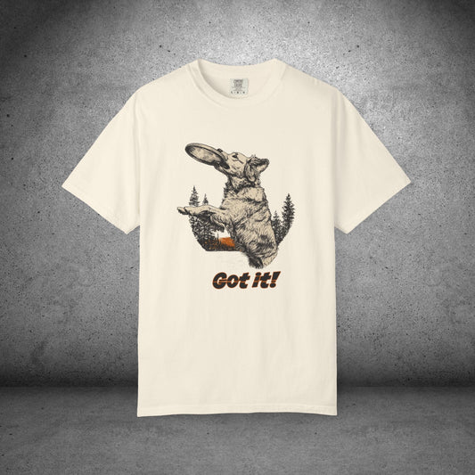 Frisbee Dog Comfort Colors Tee - Jumping Dog Frisbee Sport Graphic Shirt, Gift for Dog Dads - FlooredByArt