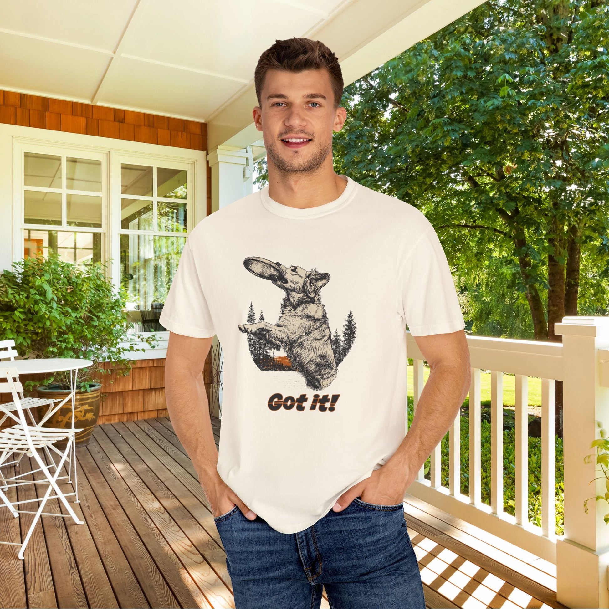 Frisbee Dog Comfort Colors Tee - Jumping Dog Frisbee Sport Graphic Shirt, Gift for Dog Dads - FlooredByArt