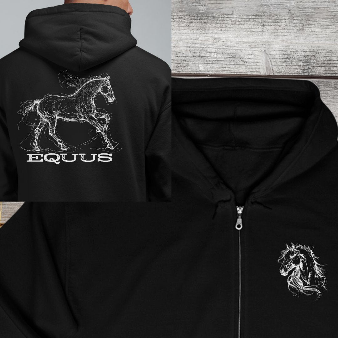 Full Zip Horse Sweatshirt Hooded Jacket, Gift For Horse Lover, EQUUS Equestrian Jacket - FlooredByArt