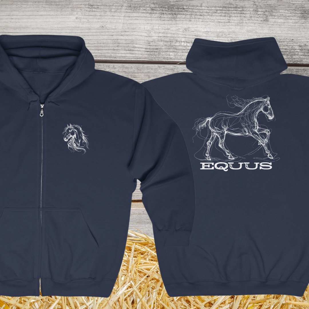 Full Zip Horse Sweatshirt Hooded Jacket, Gift For Horse Lover, EQUUS Equestrian Jacket - FlooredByArt