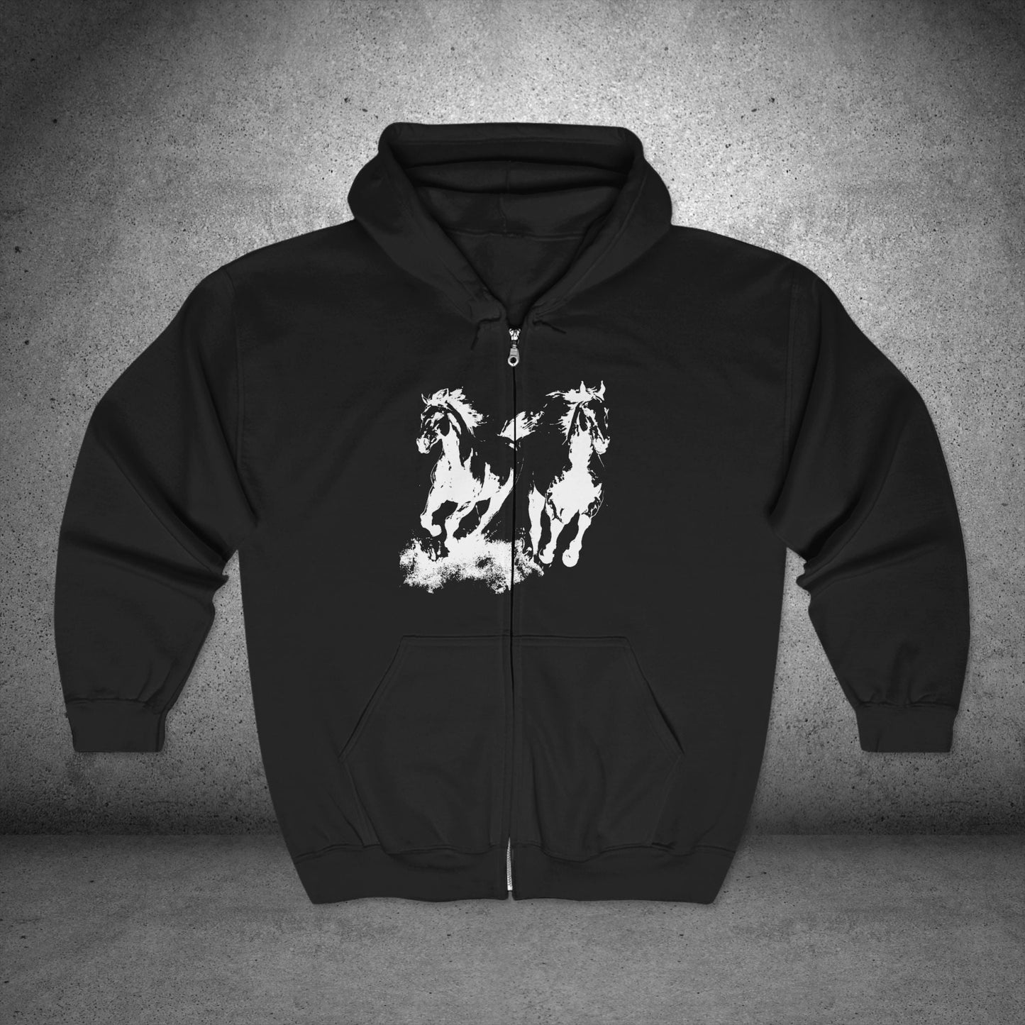 Full Zip Retro Wild Horses Running Hoodie Jacket - 90's Vintage Horse Lover Gift Outfit Boho Unisex Heavy Gildan, Horse Lover Gift - FlooredByArt
