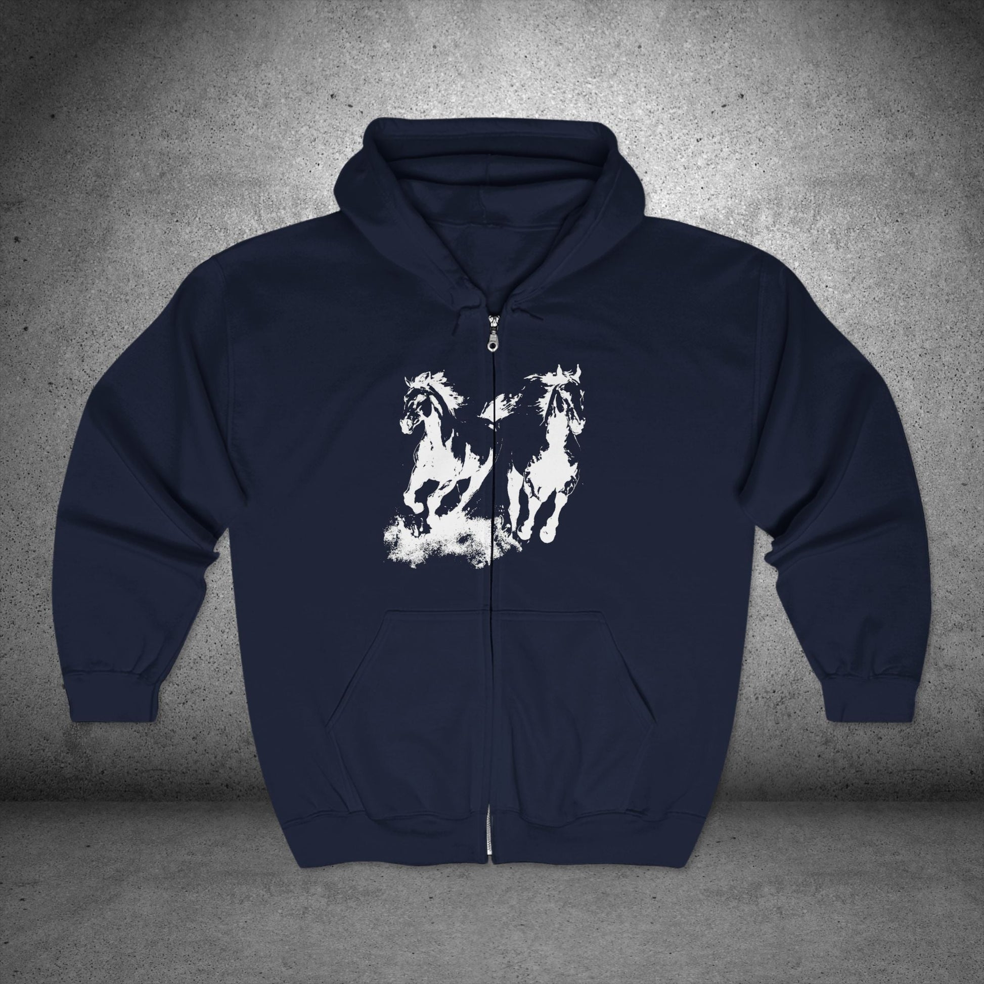 Full Zip Retro Wild Horses Running Hoodie Jacket - 90's Vintage Horse Lover Gift Outfit Boho Unisex Heavy Gildan, Horse Lover Gift - FlooredByArt