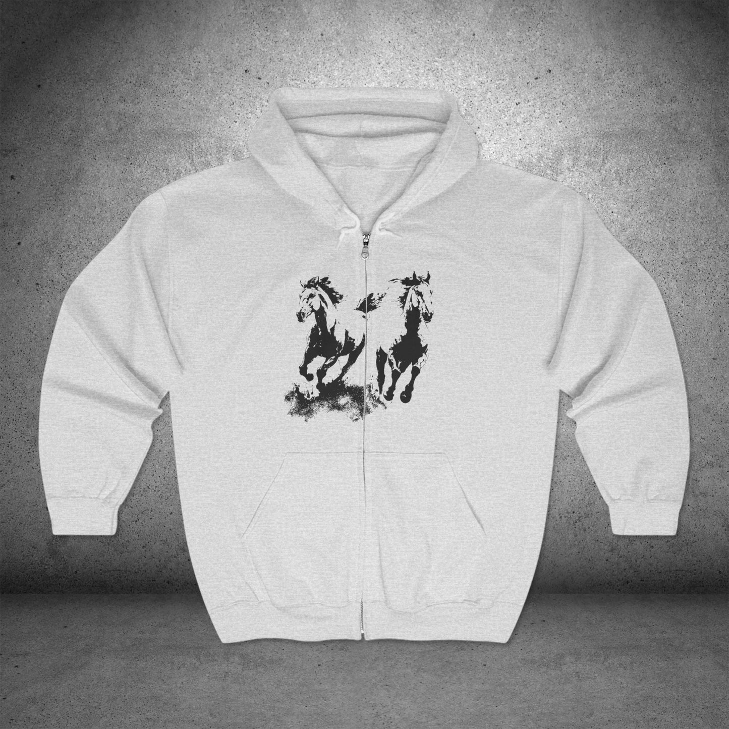 Full Zip Retro Wild Horses Running Hoodie Jacket - 90's Vintage Horse Lover Gift Outfit Boho Unisex Heavy Gildan, Horse Lover Gift - FlooredByArt