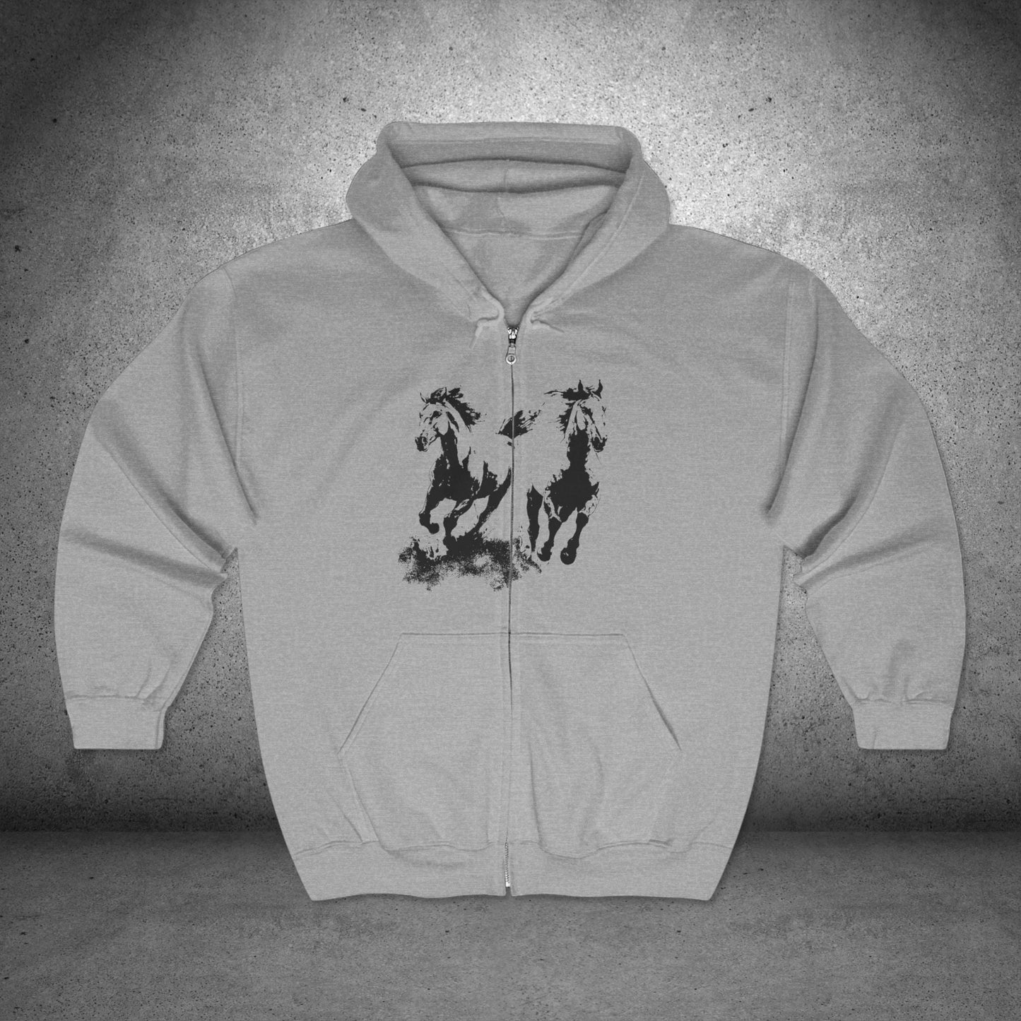 Full Zip Retro Wild Horses Running Hoodie Jacket - 90's Vintage Horse Lover Gift Outfit Boho Unisex Heavy Gildan, Horse Lover Gift - FlooredByArt