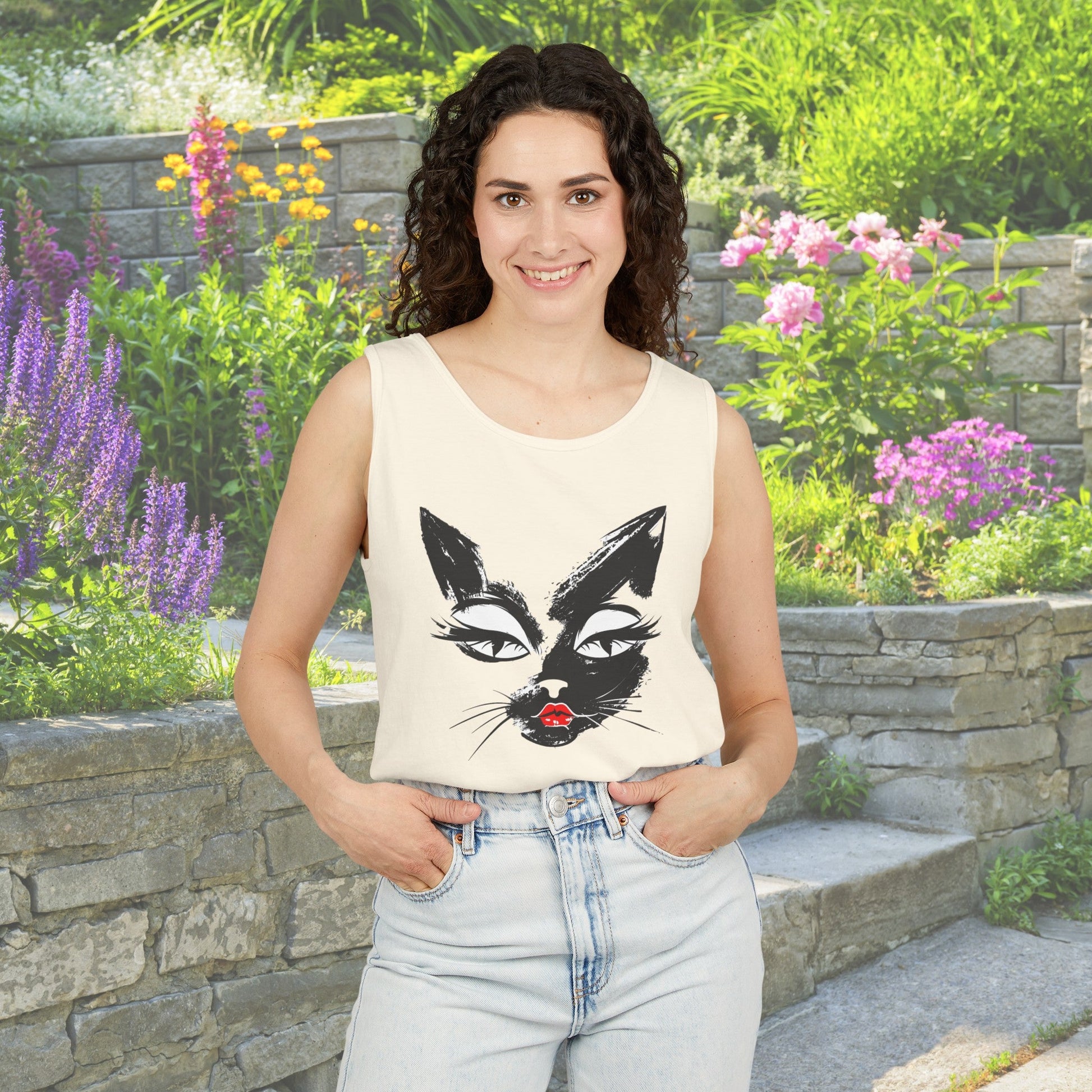 Funny Cat Fashionista Tank Top, Stylized Fashion Cat Lover Shirt, Whimsical Cat - FlooredByArt