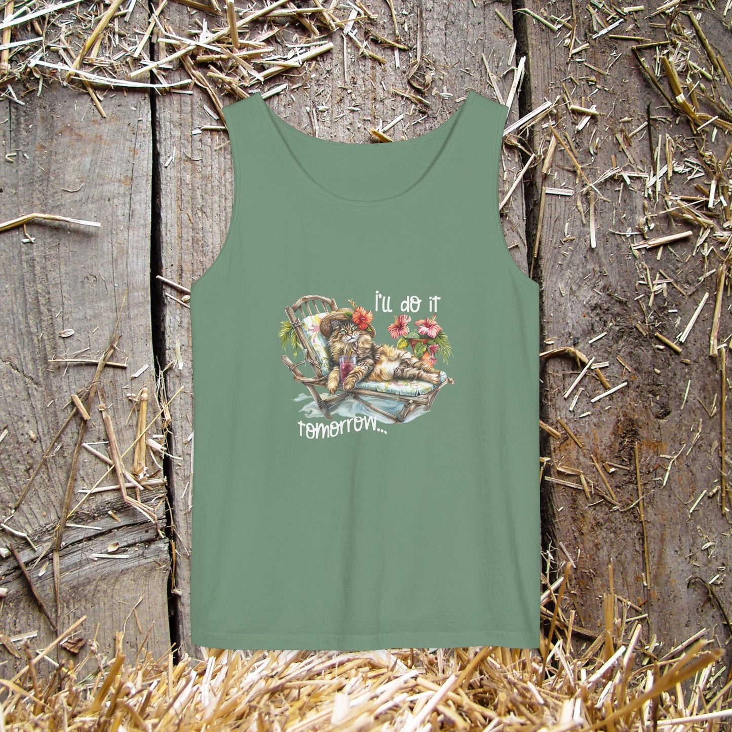 Funny Cat Tank Top, "I'll Do it Tomorrow", Cat Lover Shirt, Whimsical Cat Tank - FlooredByArt