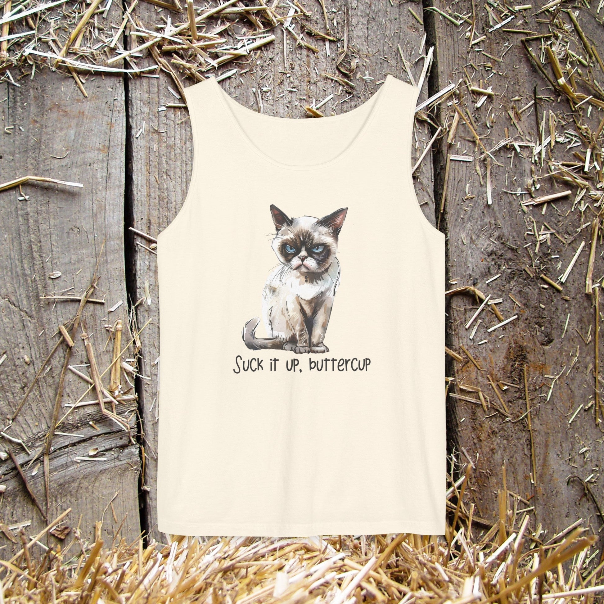 Funny Cat Tank Top, "Suck it up Buttercup!", Cat Lover T - Shirt, Whimsical Cat - FlooredByArt