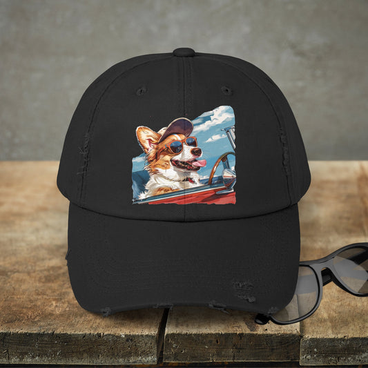 Funny Corgi Dog on Distressed Baseball Cap, Unisex Cute Corgi Road Trip Hat - FlooredByArt