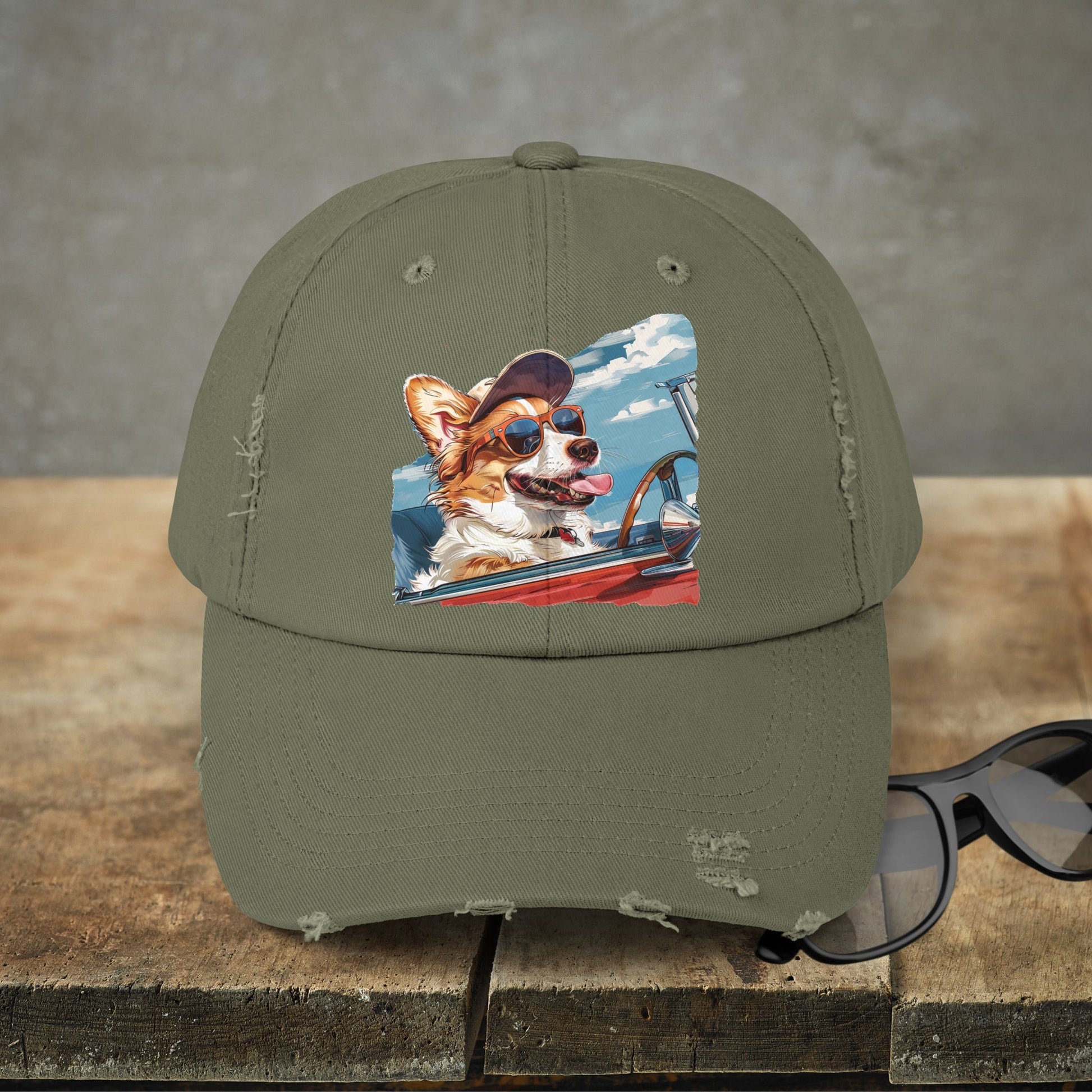 Funny Corgi Dog on Distressed Baseball Cap, Unisex Cute Corgi Road Trip Hat - FlooredByArt