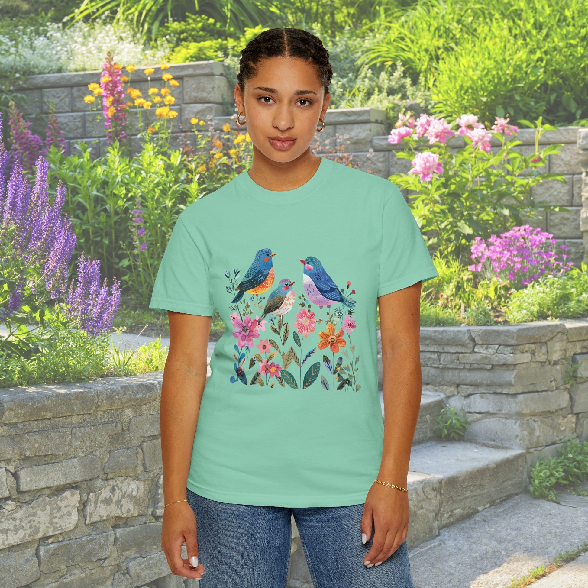 Garden Bluebird Shirt, Scandi Style Folk Art, Garden Lover Tee, BlueBird T Shirt - FlooredByArt