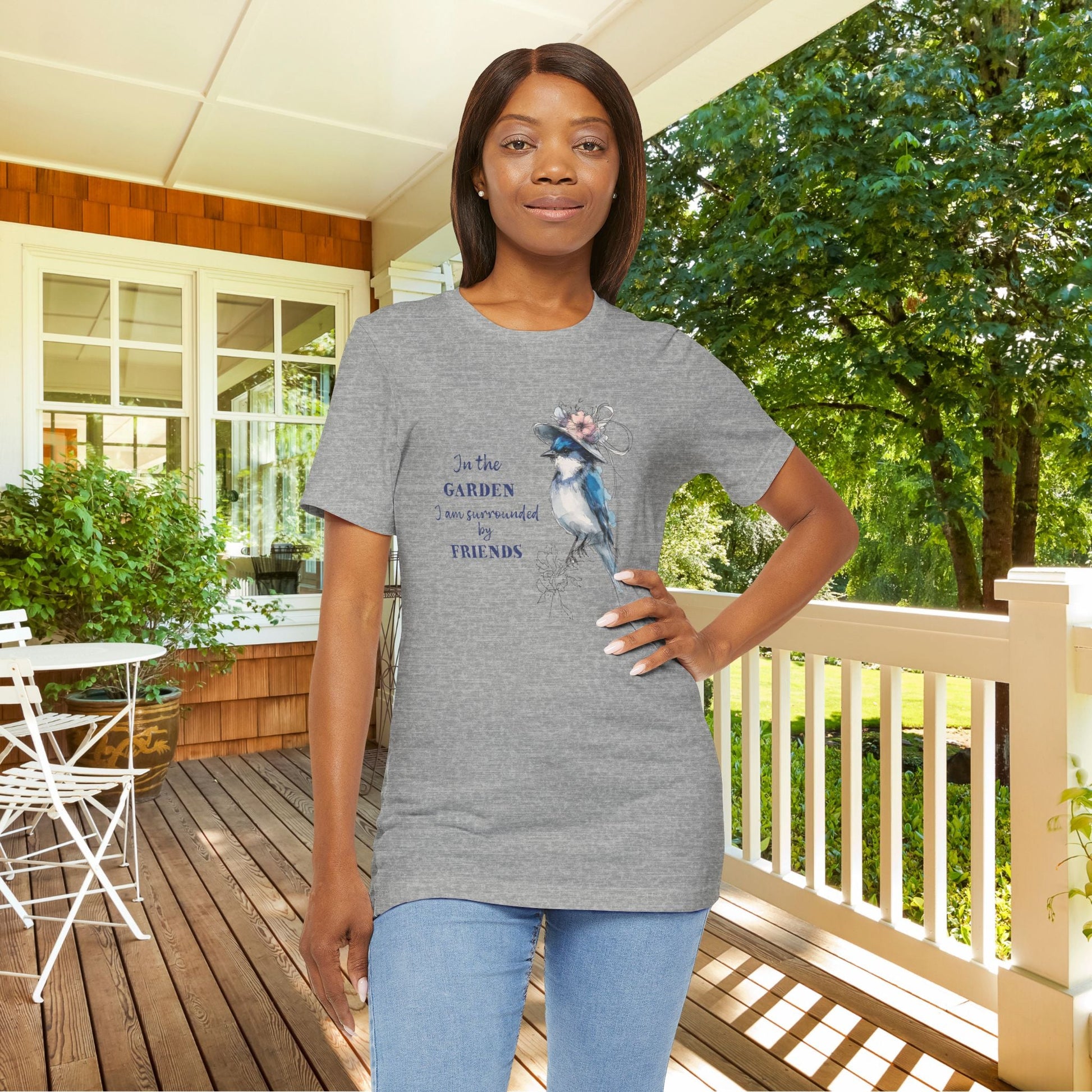 Garden Friends Bluebird T-Shirt - Whimsical Spring Bird Tee, Garden and Birds - FlooredByArt