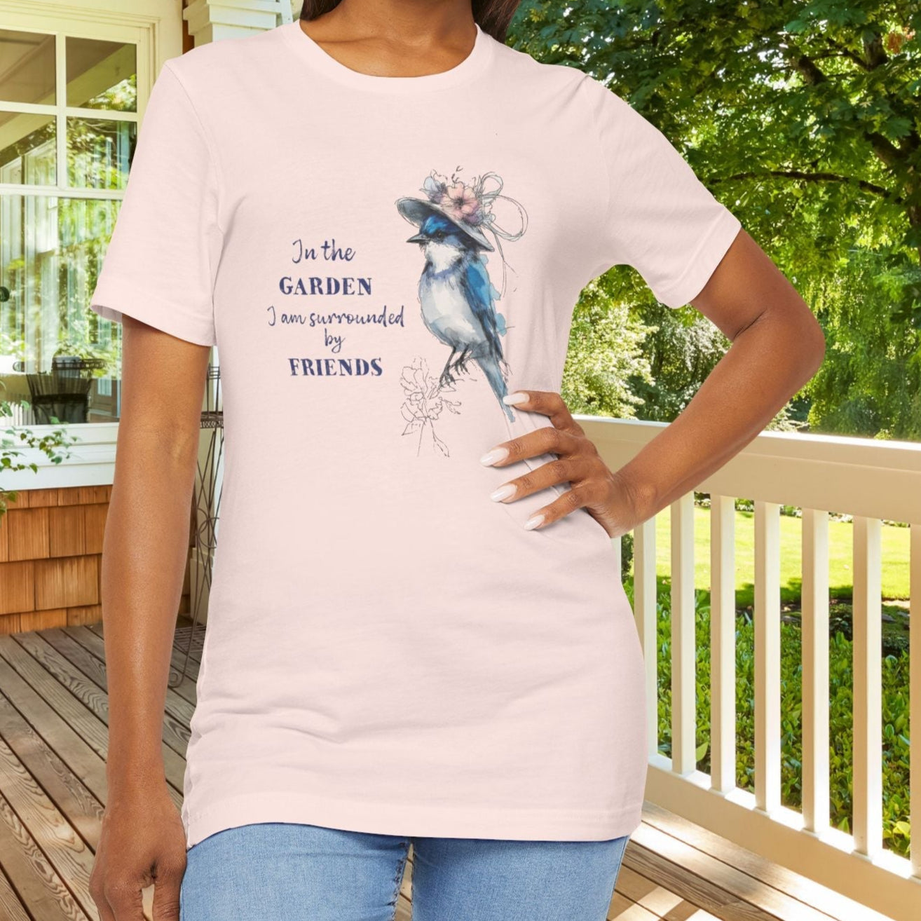 Garden Friends Bluebird T-Shirt - Whimsical Spring Bird Tee, Garden and Birds - FlooredByArt
