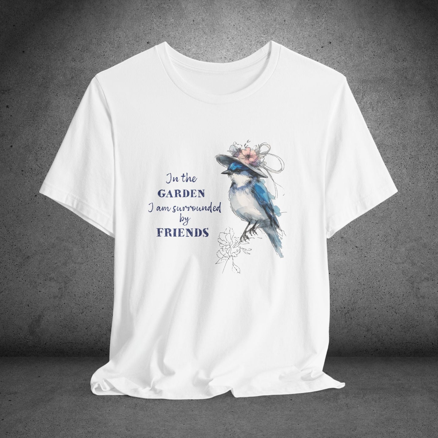 Garden Friends Bluebird T-Shirt - Whimsical Spring Bird Tee, Garden and Birds - FlooredByArt