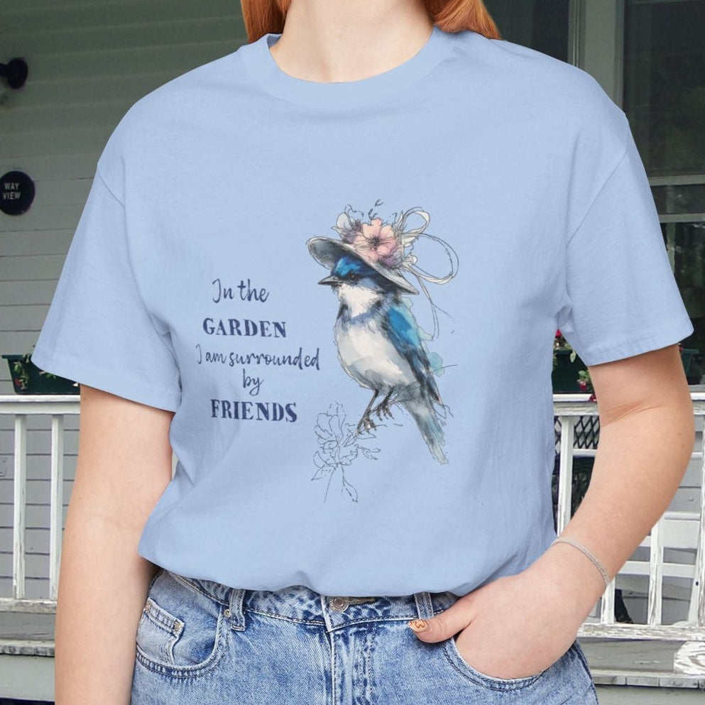 Garden Friends Bluebird T-Shirt - Whimsical Spring Bird Tee, Garden and Birds - FlooredByArt