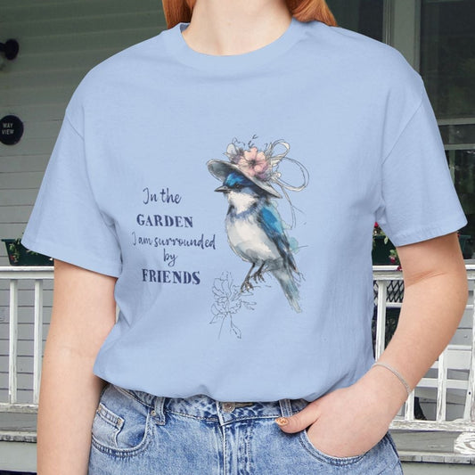 Garden Friends Bluebird T-Shirt - Whimsical Spring Bird Tee, Garden and Birds - FlooredByArt