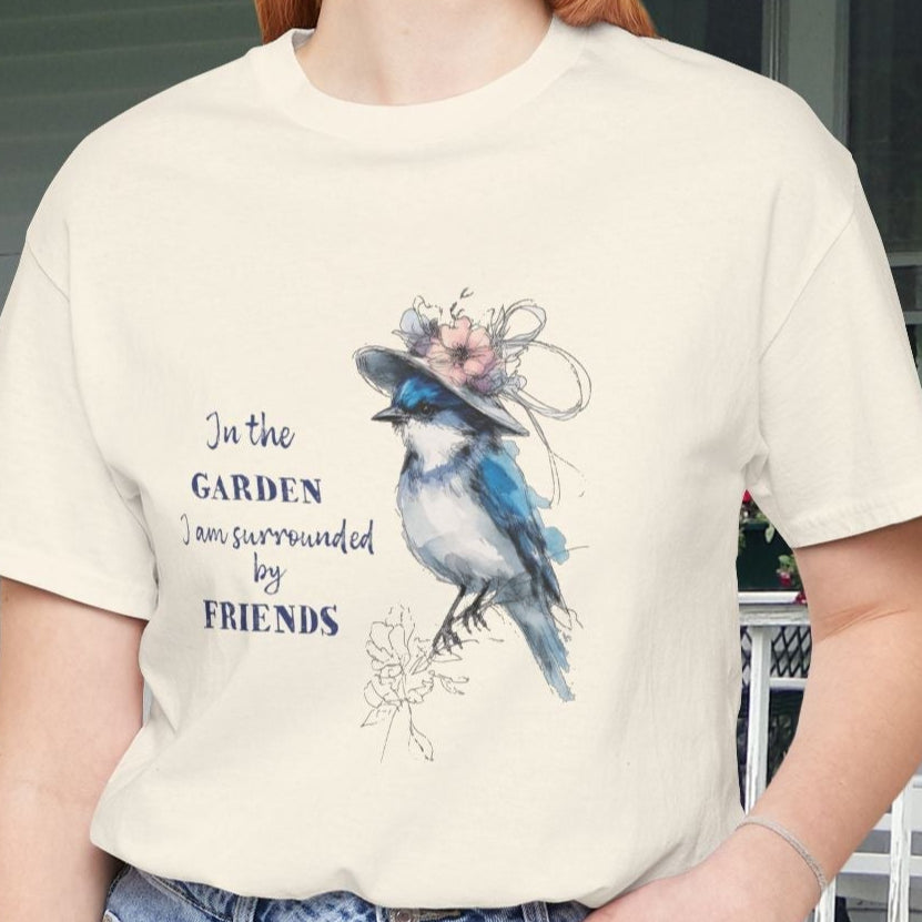 Garden Friends Bluebird T-Shirt - Whimsical Spring Bird Tee, Garden and Birds - FlooredByArt