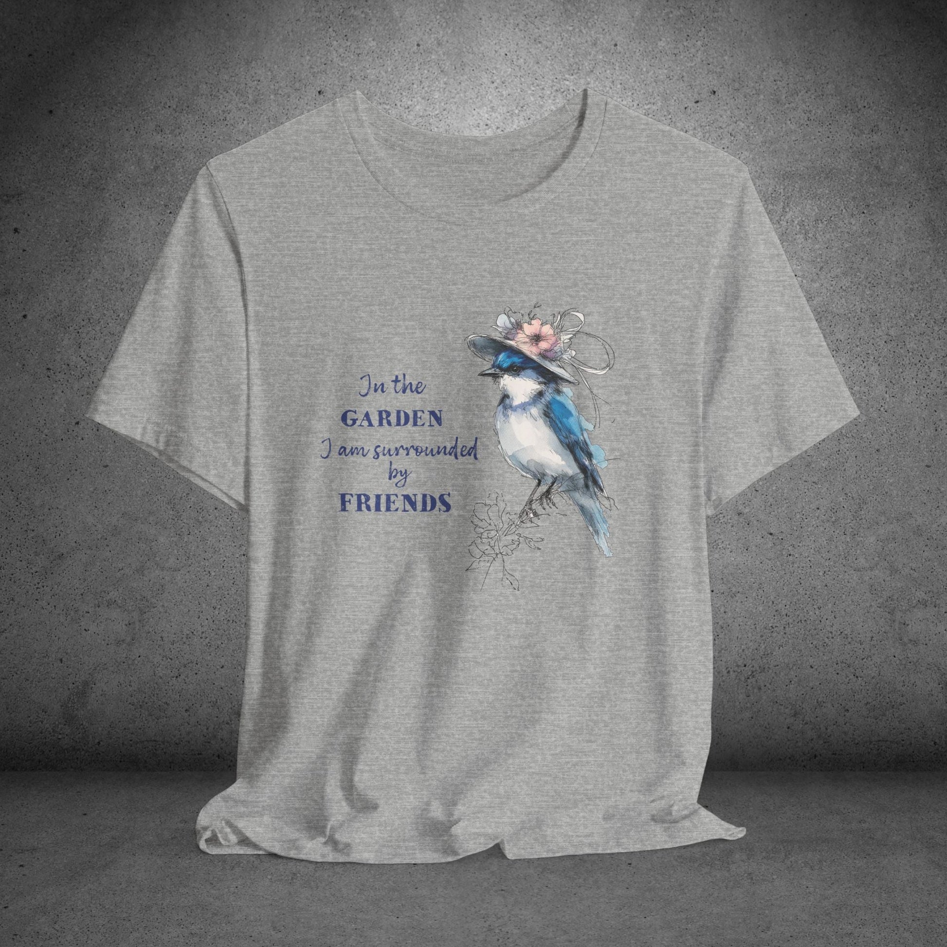 Garden Friends Bluebird T-Shirt - Whimsical Spring Bird Tee, Garden and Birds - FlooredByArt