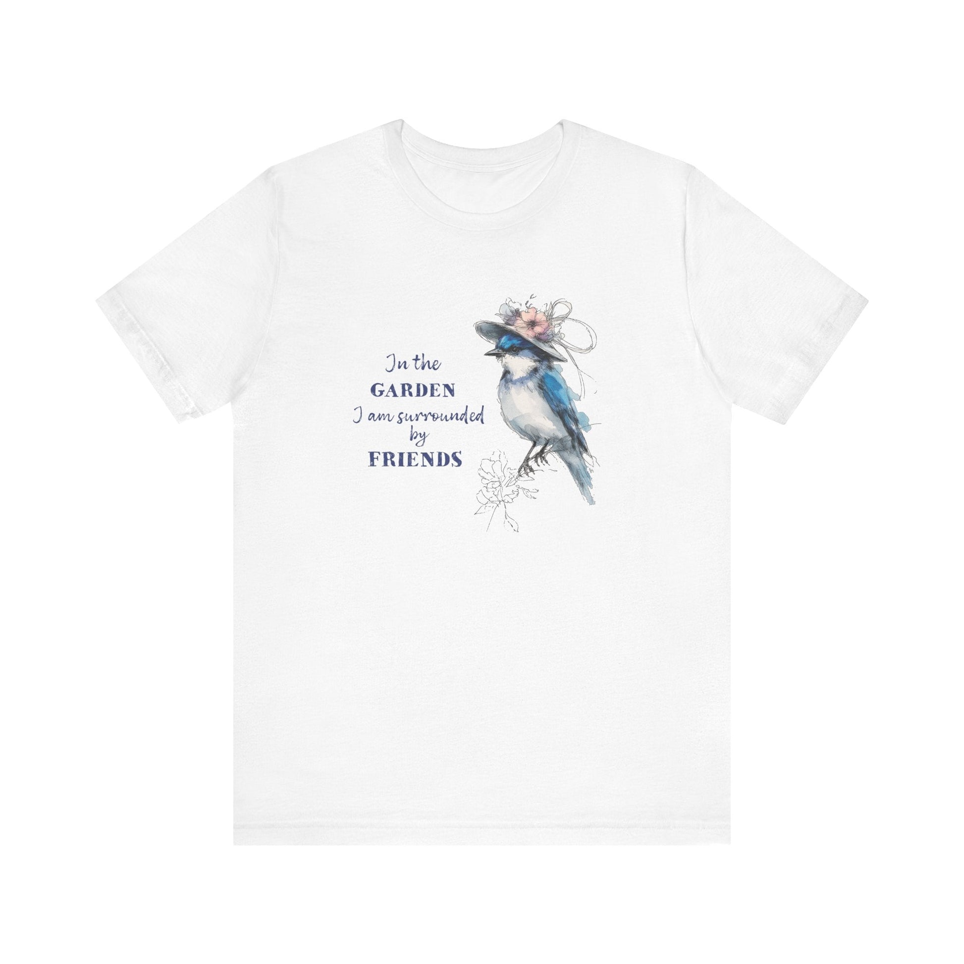Garden Friends Bluebird T-Shirt - Whimsical Spring Bird Tee, Garden and Birds - FlooredByArt