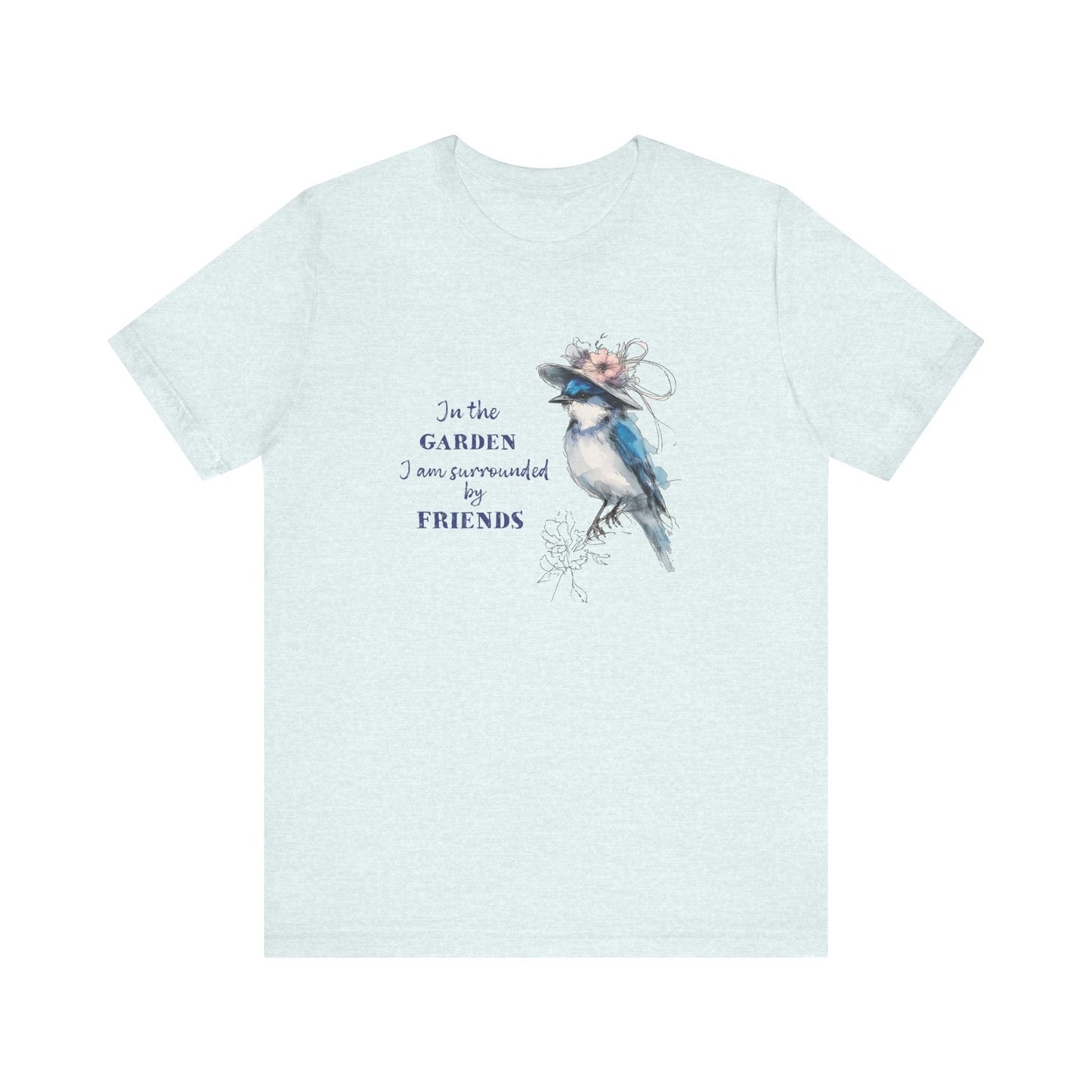 Garden Friends Bluebird T-Shirt - Whimsical Spring Bird Tee, Garden and Birds - FlooredByArt
