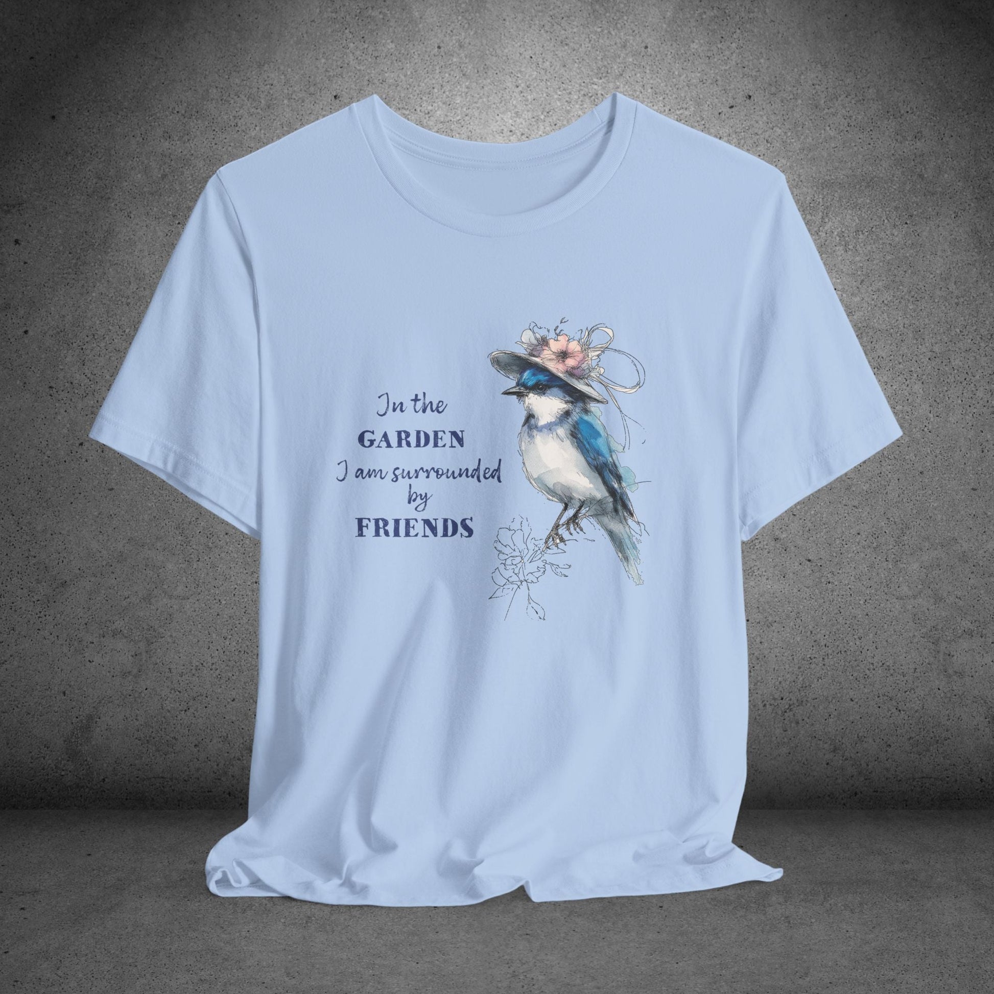 Garden Friends Bluebird T-Shirt - Whimsical Spring Bird Tee, Garden and Birds - FlooredByArt