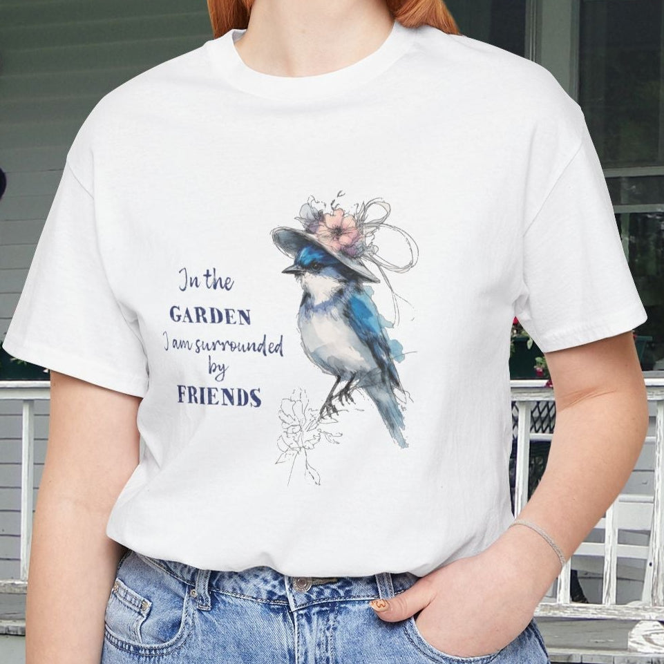 Garden Friends Bluebird T-Shirt - Whimsical Spring Bird Tee, Garden and Birds - FlooredByArt