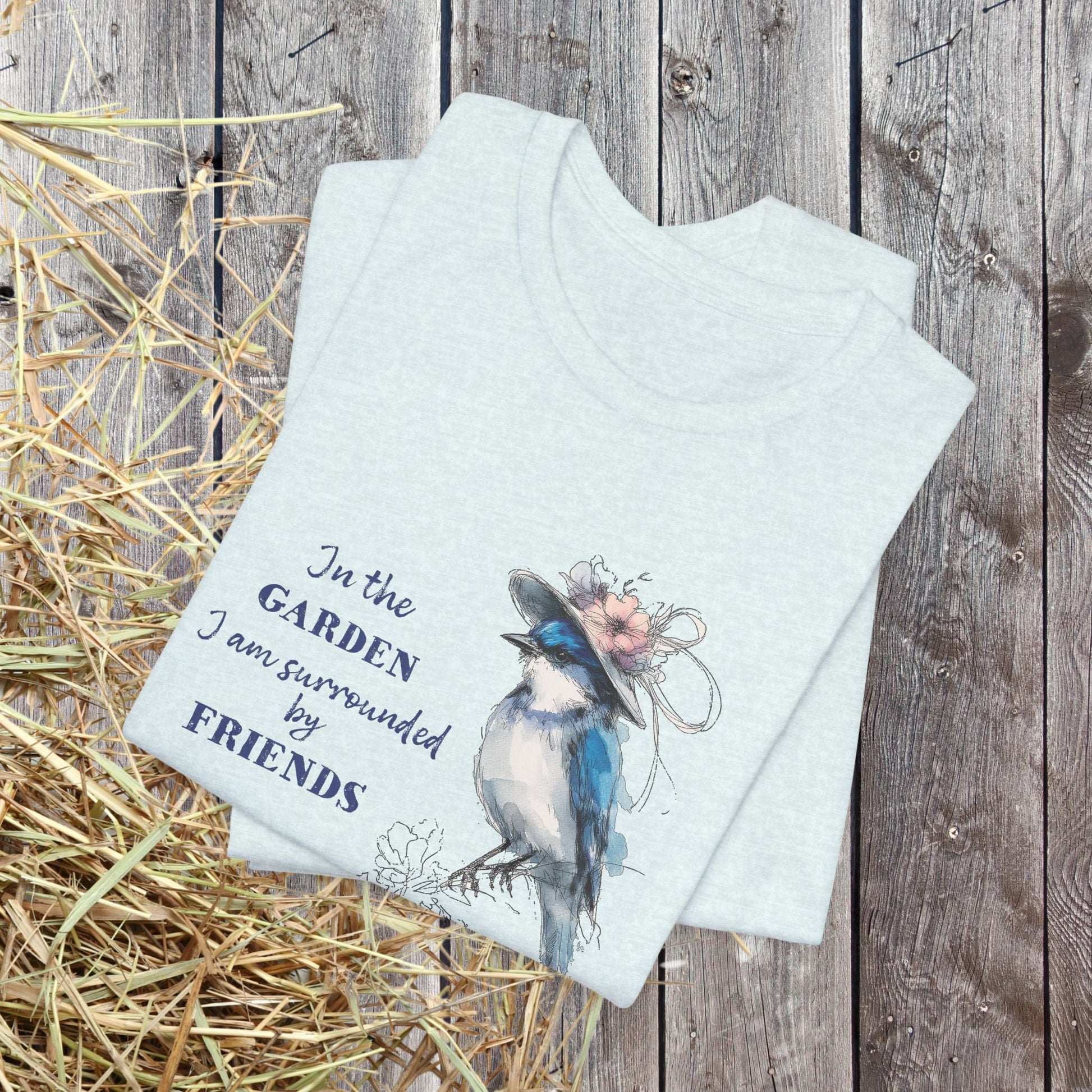 Garden Friends Bluebird T-Shirt - Whimsical Spring Bird Tee, Garden and Birds - FlooredByArt