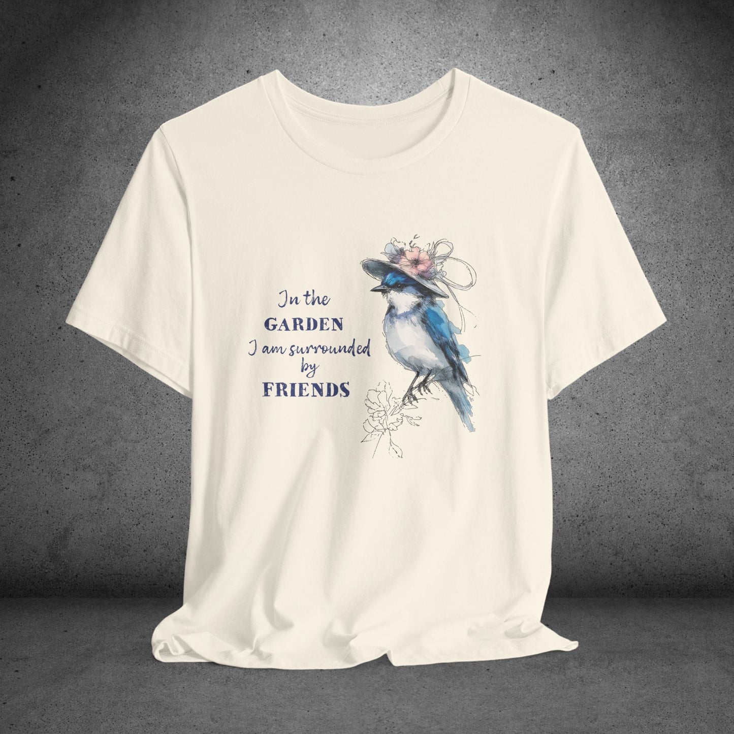 Garden Friends Bluebird T-Shirt - Whimsical Spring Bird Tee, Garden and Birds - FlooredByArt